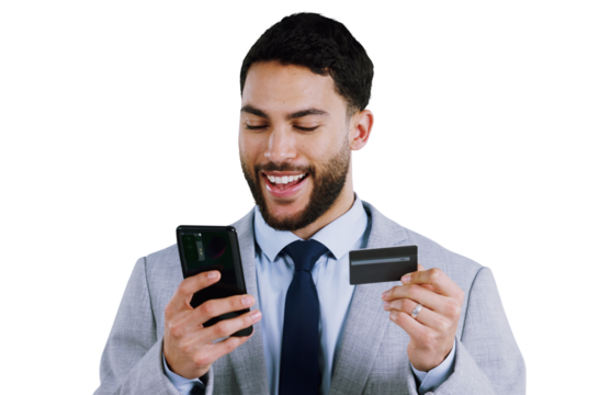 Business, credit card and happy man with phone in studio for startup loan payment on isolated, transparent or png background. Online shopping, smartphone or entrepreneur with app for password sign up