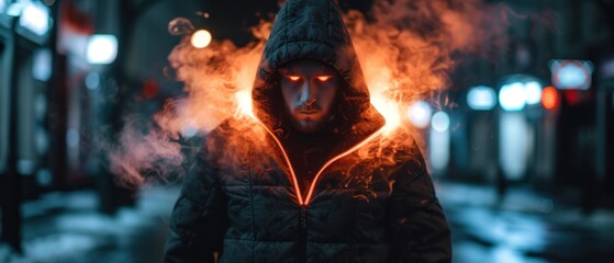 a man in a hooded jacket standing on a city street with a lot of smoke coming out of his face. - obrazy, fototapety, plakaty