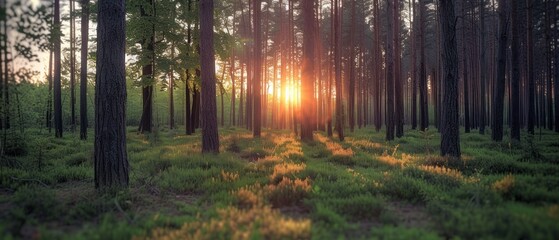 the sun shines through the trees in a forest filled with green grass and tall, thin, thin trees.