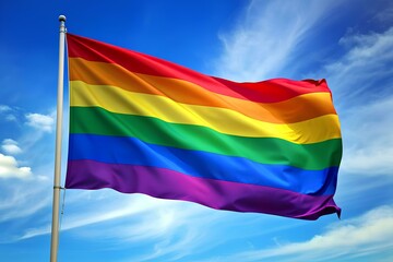 Rainbow flag isolated on blue sky. Celebration pride month concept.