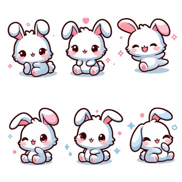 Set of cute little bunny. Borders with kawaii white bunnies. Collection of rabbits with different emotion - funny, happy, surprised