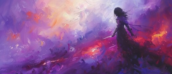 a painting of a woman walking on a purple and red field with a purple sky in the background and clouds in the foreground.