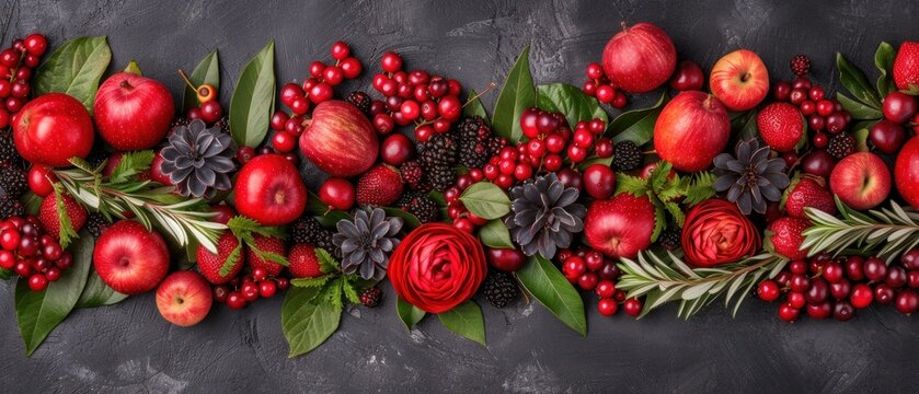 a close up of a bunch of fruit with leaves and flowers on a black background with red berries and green leaves.