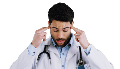 Healthcare, stress and man doctor with headache, pain or vertigo on isolated, transparent or png...