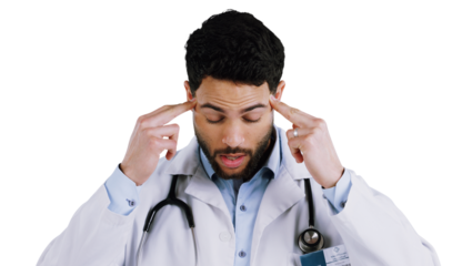 Healthcare, stress and man doctor with headache, pain or vertigo on isolated, transparent or png background. Hospital, mistake and male surgeon with burnout, brain fog or regret, disaster or crisis
