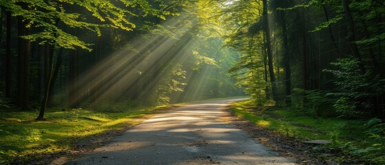 a dirt road in the middle of a forest with bright beams of light coming from the trees on either side of the road.