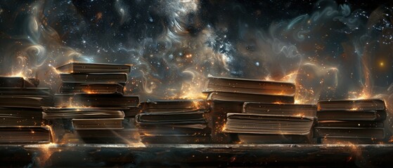 a pile of books sitting on top of a table in front of a space filled with stars and a black background.