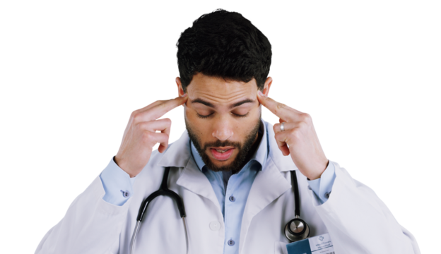 Healthcare, stress and man doctor with headache, pain or vertigo on isolated, transparent or png background. Hospital, mistake and male surgeon with burnout, brain fog or regret, disaster or crisis