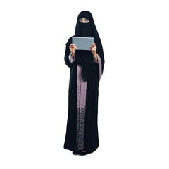 Muslim, woman and thinking with tablet online for social media or streaming on transparent or png background. Niqab, burka and isolated girl with question or planning idea with tech for ebook or blog