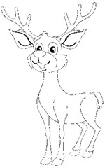 Black and white drawing of a smiling reindeer.