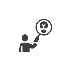 Person with a magnifying glass and lamp vector icon