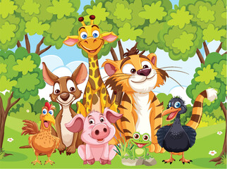 Obraz na płótnie Canvas Colorful animals smiling together in a forest setting