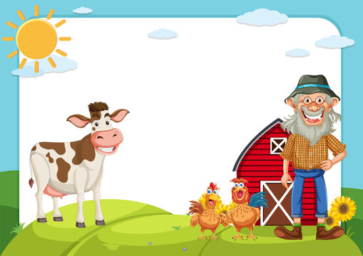 Cartoon farmer, cow, chickens near a red barn.