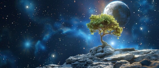 a lone tree on a rocky outcropping in the middle of a space filled with stars and planets.