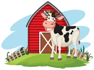 Cartoon cow standing by a barn on a sunny day.