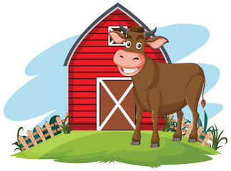 Cartoon cow smiling outside a classic red barn