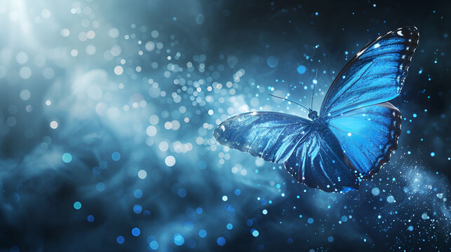 Blue Spiritual Sparkle Butterfly Message Banner-wide, generative ai