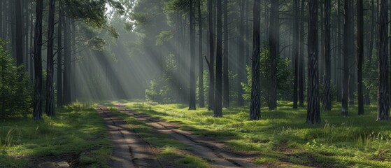 a dirt road in the middle of a forest with sunbeams shining through the trees on a foggy day.