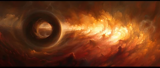 Meubelstickers a painting of a large black hole in the center of a red and yellow sky with a black hole in the center. © Jevjenijs