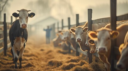 Farming business of livestock, A cows feeding on fodder standing in row of stables in cattle farm barn. Generative AI. - obrazy, fototapety, plakaty
