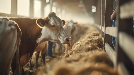 Farming business of livestock, A cows feeding on fodder standing in row of stables in cattle farm barn. Generative AI.