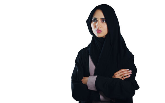 Woman, confident and religious with arms crossed in hijab, islamic and proud mindset. Muslim, fashion and headscarf with pride, beauty on isolated, transparent and png background for vision ideas