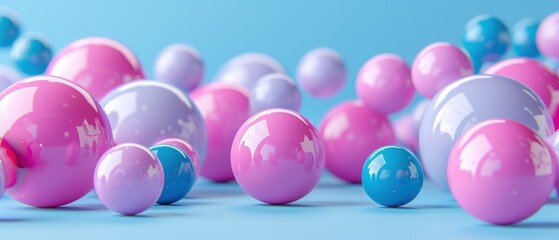 a group of pink, blue, and white balls on a blue and pink surface with a light blue background.