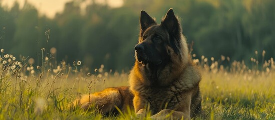 a german shepherd dog is laying in the grass in a field . High quality - obrazy, fototapety, plakaty