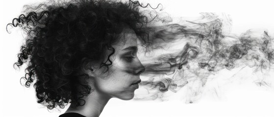 a black and white photo of a woman's face with smoke coming out of her face and her hair blowing in the wind.
