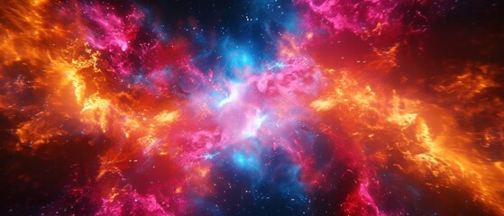 a colorful space filled with lots of stars and a bright red and blue object in the center of the image.