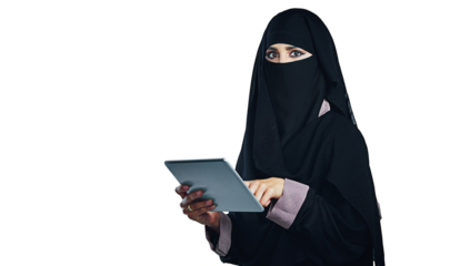 Portrait, woman and hijab typing on tablet for business, entrepreneurship or market research. Businesswoman, head scarf and digital touchscreen for search and isolated on transparent png background