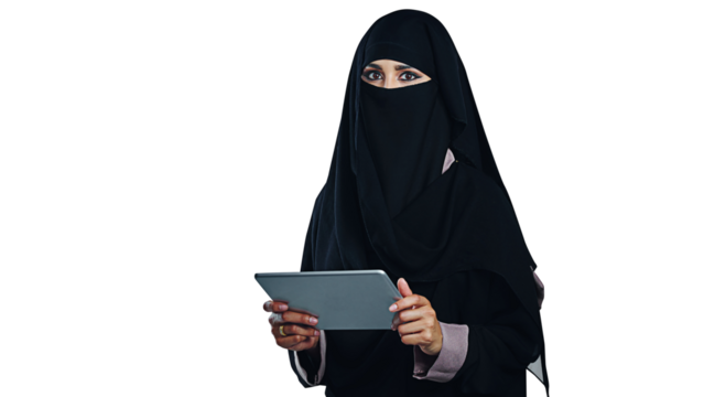 Woman, muslim and portrait with tablet or technology for social media or isolated, transparent or png background. Female person, burka and connectivity in Dubai for web decision, research or browsing
