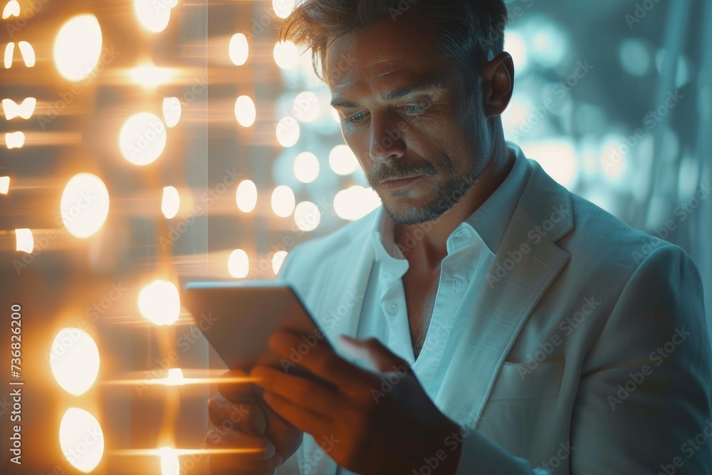 Poster Businessman playing on a tablet screen. touching screen of a tablet computer. Generative AI.