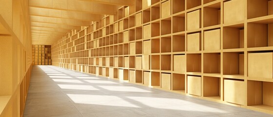 a room filled with lots of bookshelves next to a wall filled with wooden shelves on either side of the room.