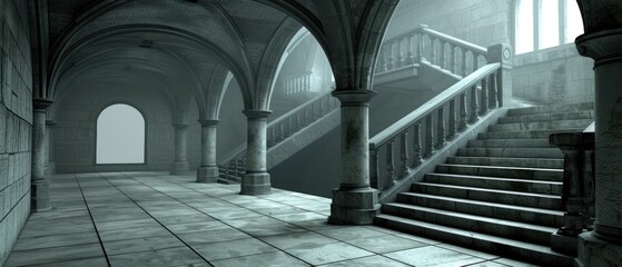 a set of stairs in an old building with arches and arches on either side of the stairs, leading up to the second floor. - obrazy, fototapety, plakaty