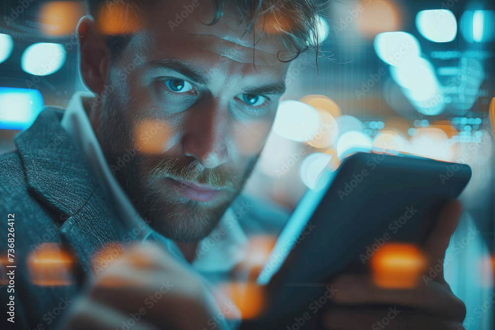 Poster Businessman playing on a tablet screen. touching screen of a tablet computer. Generative AI.