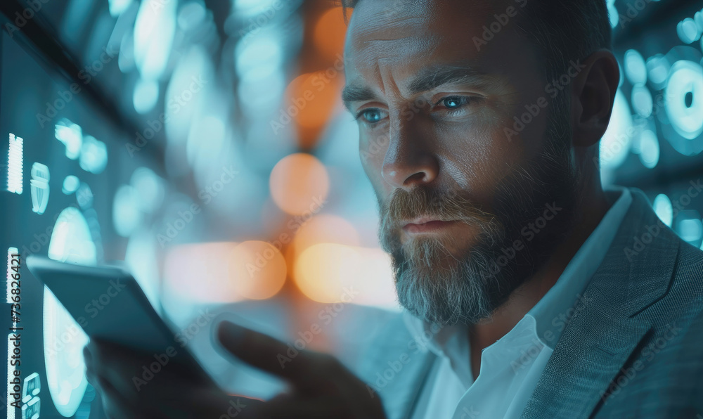 Aufkleber Businessman playing on a tablet screen. touching screen of a tablet computer. Generative AI.