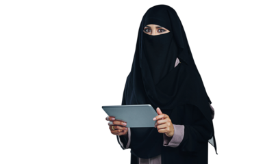 Muslim, woman and portrait with tablet online for social media or streaming on transparent or png background. Niqab, girl and reading ebook, blog or article with tech and isolated person in burka