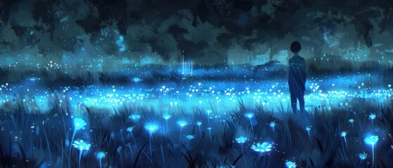 a painting of a person standing in a field of dandelions with a city in the background at night.