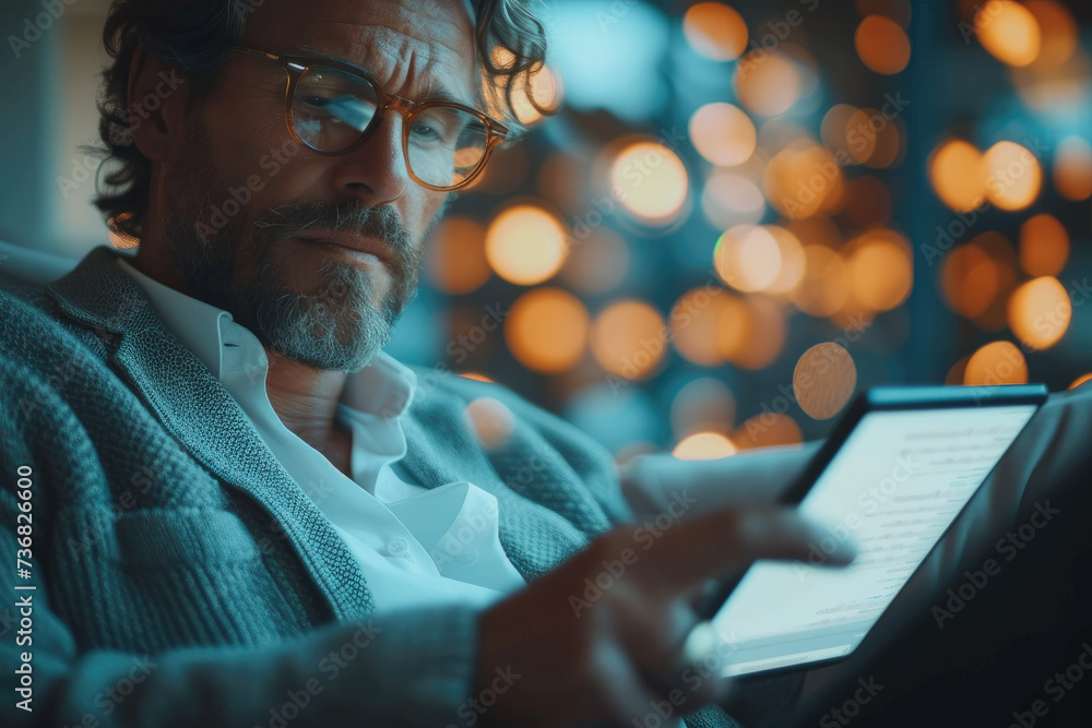 Fototapete businessman playing on a tablet screen. touching screen of a tablet computer. generative ai.