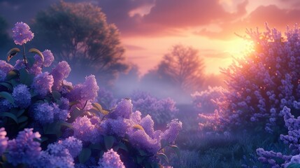 Bushes of purple blooming lilac at dawn, the rising sun is shining. Generative AI.