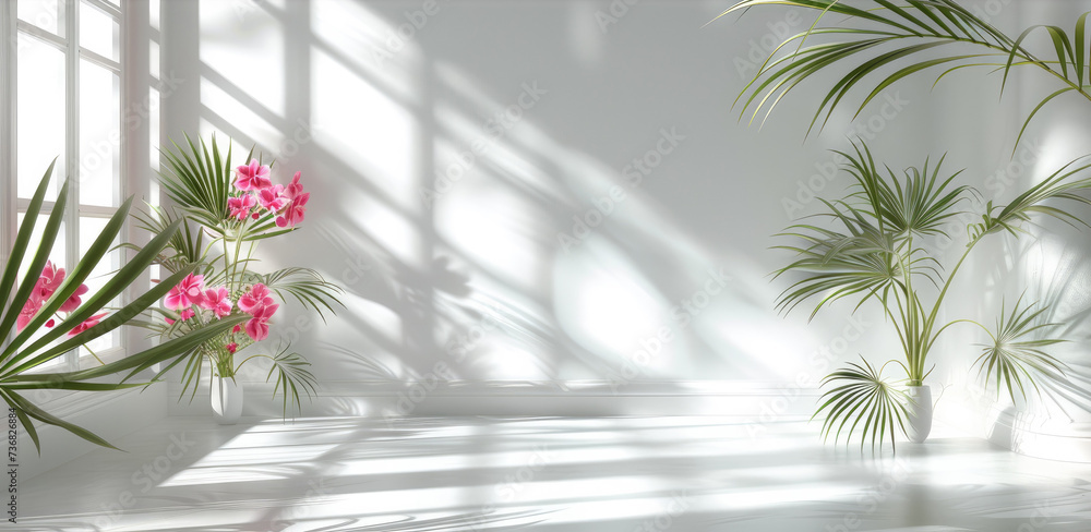 Poster Empty room with shadows of window and flowers and palm leaves with copy space. Generative AI.