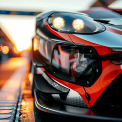 Close-Up of a Race Car's Front Grille and Headlights at Sunset. Details of a High-Performance Sports Car with Sleek Design and Aerodynamic Body Ready for Racing. Intense Focus on Automotive Excellence