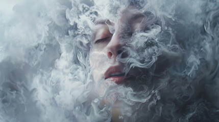 Dreamy surrealistic illustration of a woman's face appearing from within a cloud formation.