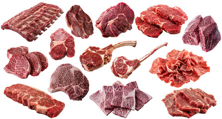 various of different isolated steak raw beef cuts meat parts on the transparent background