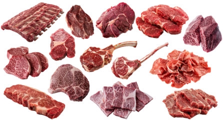various of different isolated steak raw beef cuts meat parts on the transparent background