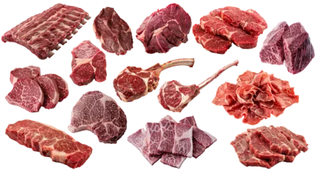 Fotobehang various of different isolated steak raw beef cuts meat parts on the transparent background © Lucianastudio