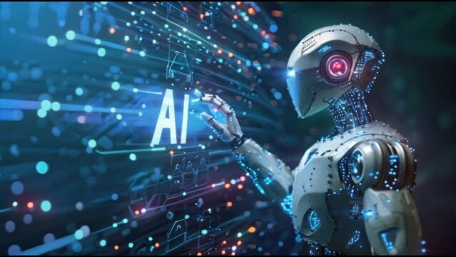 AI hand touch to screen for artificial intelligence thinking concept.