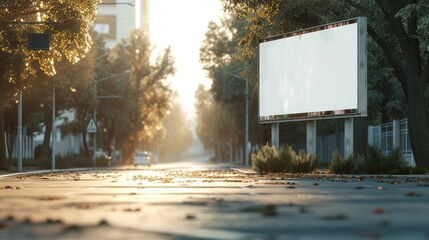 Empty Billboard on a City Street, empty billboard awaits on a deserted city street at dawn, with...