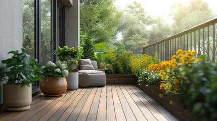 Fototapeta na wymiar Serene Home Terrace with Lush Garden, tranquil home terrace featuring comfortable seating, wood decking, and vibrant garden blooms, creating a perfect outdoor relaxation spot